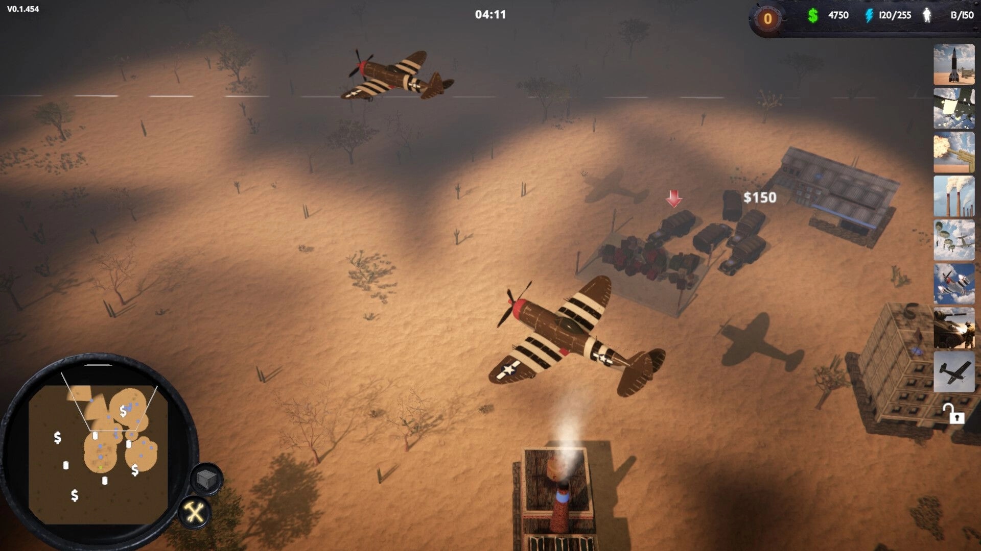 Terrors of War: Two fighter planes strafe a desert depot with trucks, minimap and resources HUD.