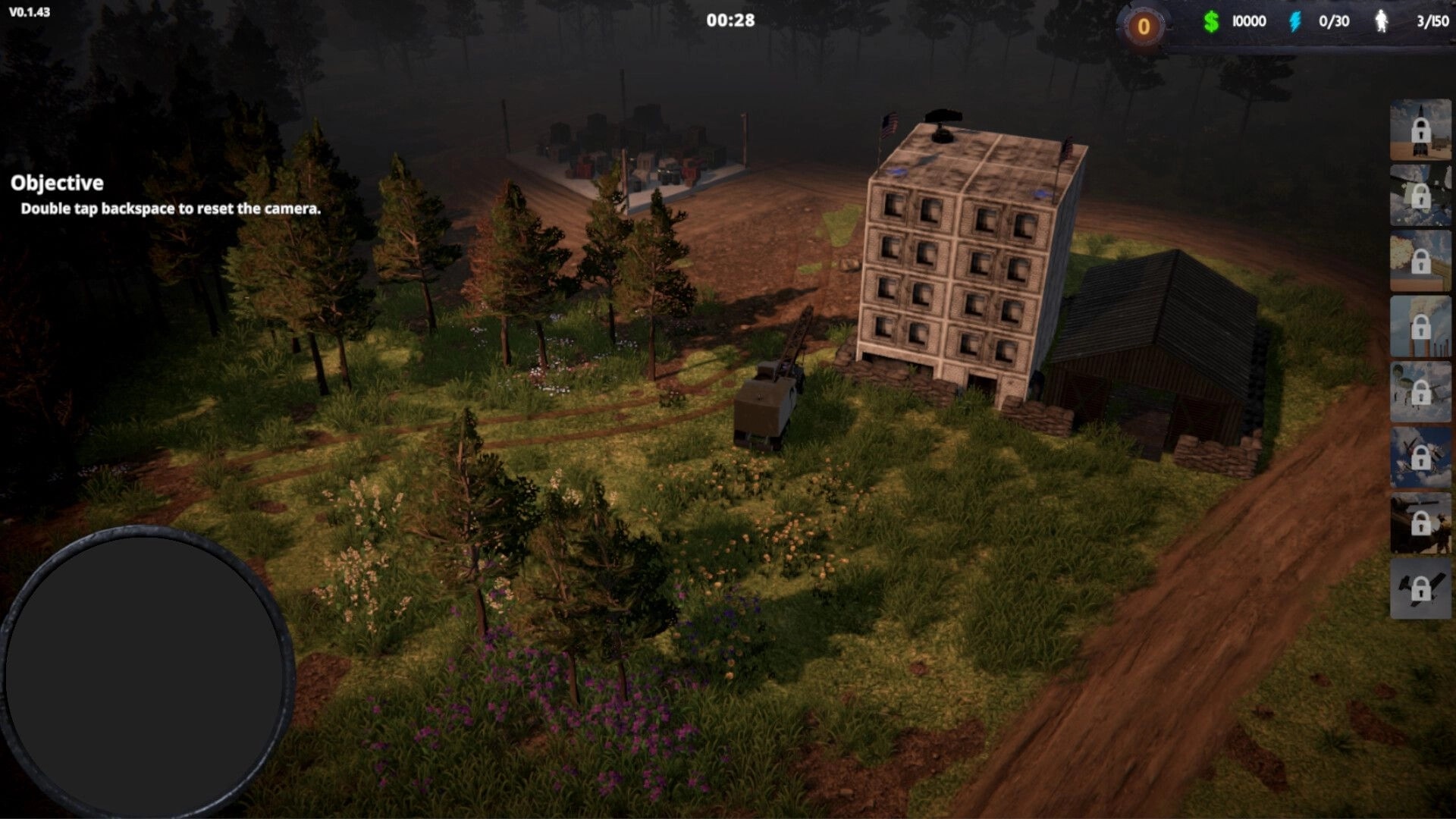 Terrors of War: Base view with HQ building and resource HUD in a foggy forest clearing map.