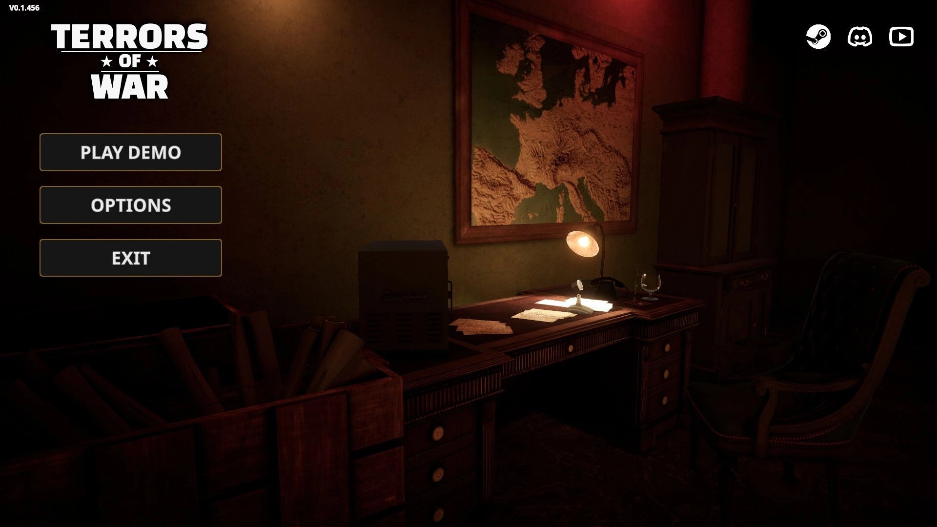 Terrors of War: Main menu with Play Demo, Options, Exit buttons over dim office desk and map wall.