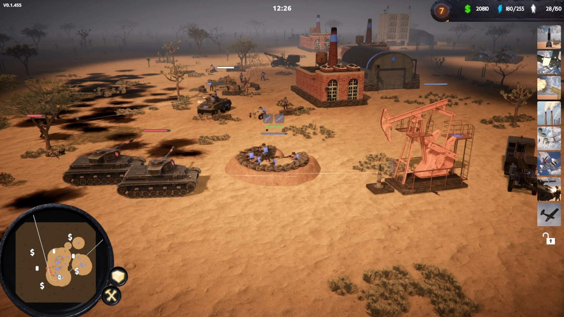 Terrors of War: Tanks guard a desert base with factory, oil pump, and minimap UI in view.
