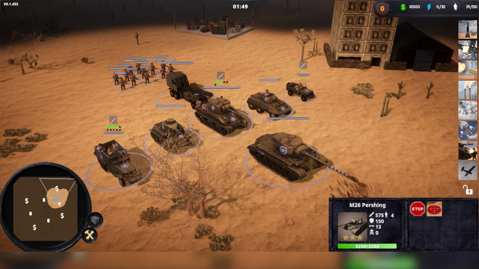 Terrors of War: US tanks and infantry selected with M26 Pershing panel on desert base map.