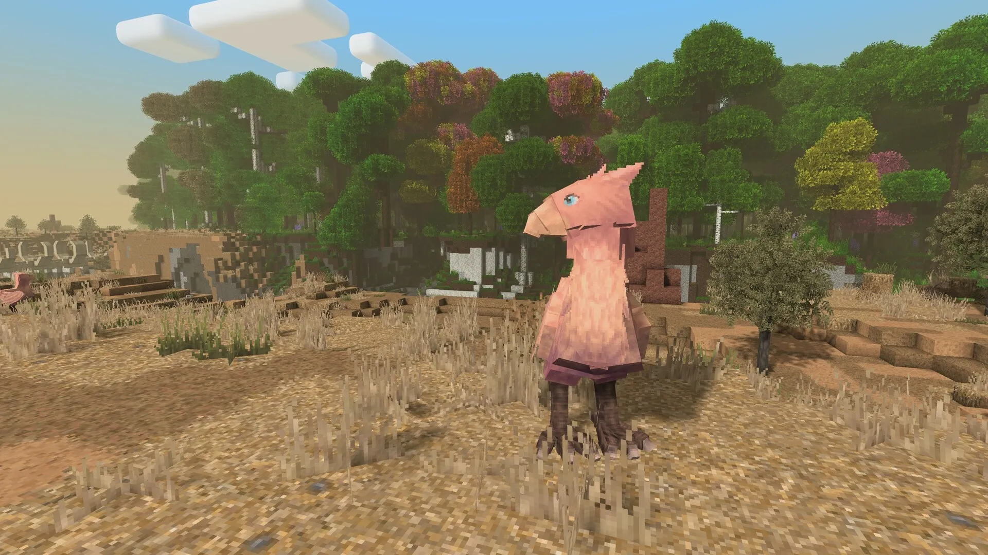 Tesera: Pink creature standing in a grassy, voxel-style landscape with dense trees and a clear sky