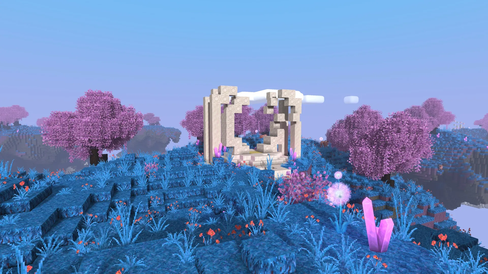 Tesera: Ruined stone archway surrounded by vivid blue grass and pink trees on floating island