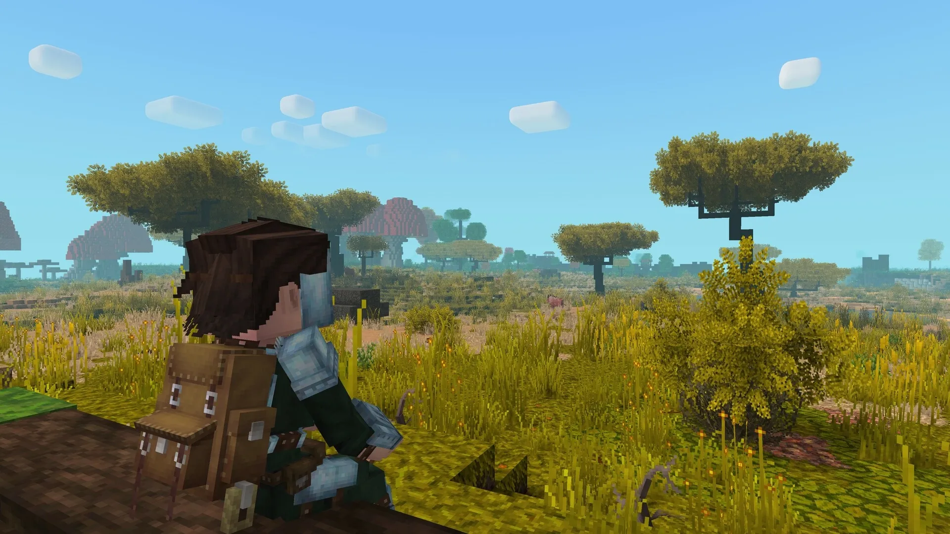Tesera: Character with backpack sitting on a log, overlooking a vast voxel landscape with trees and grass.
