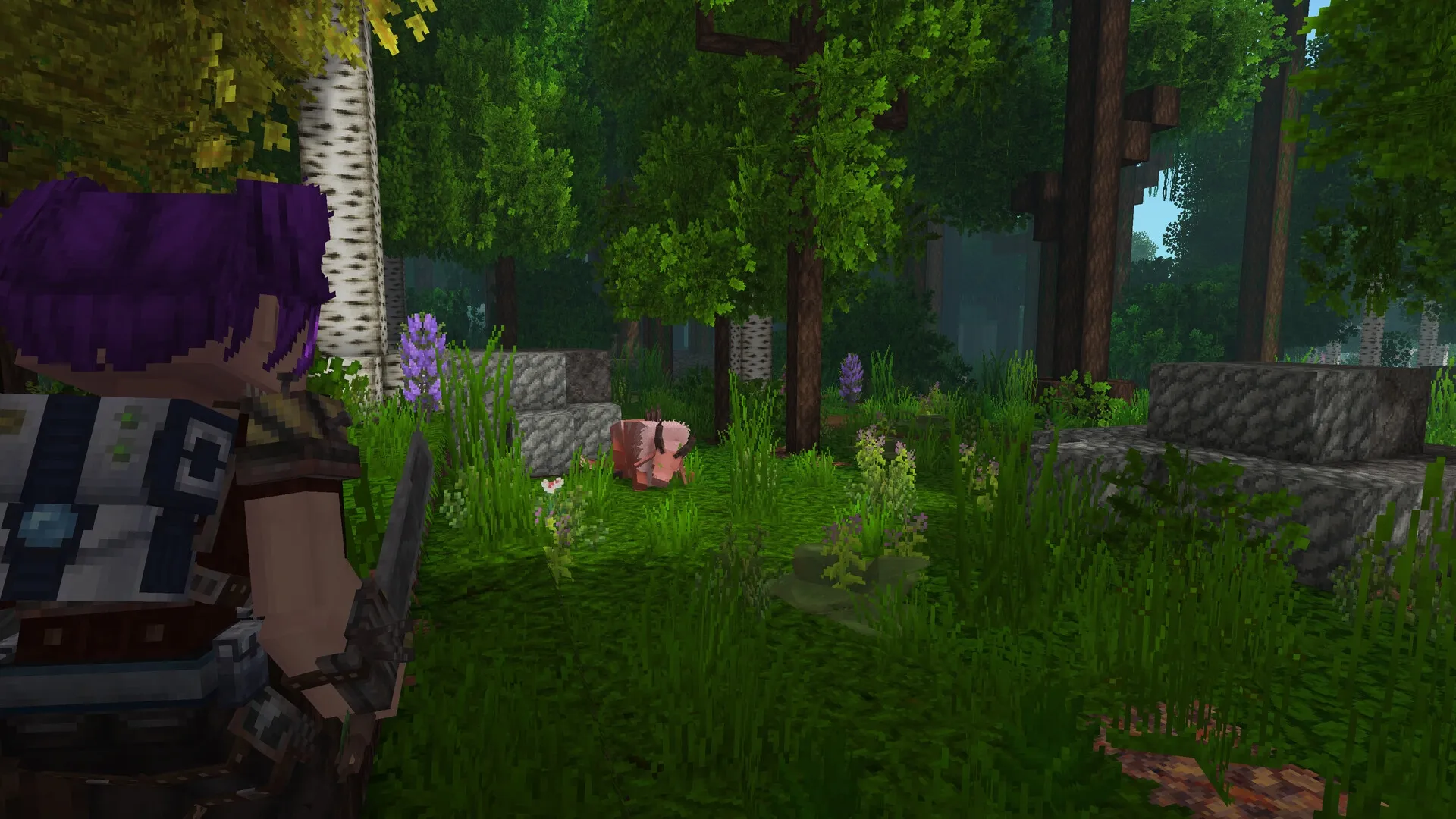 Tesera: Player with purple hair and sword exploring lush forest with stone ruins and alien creature