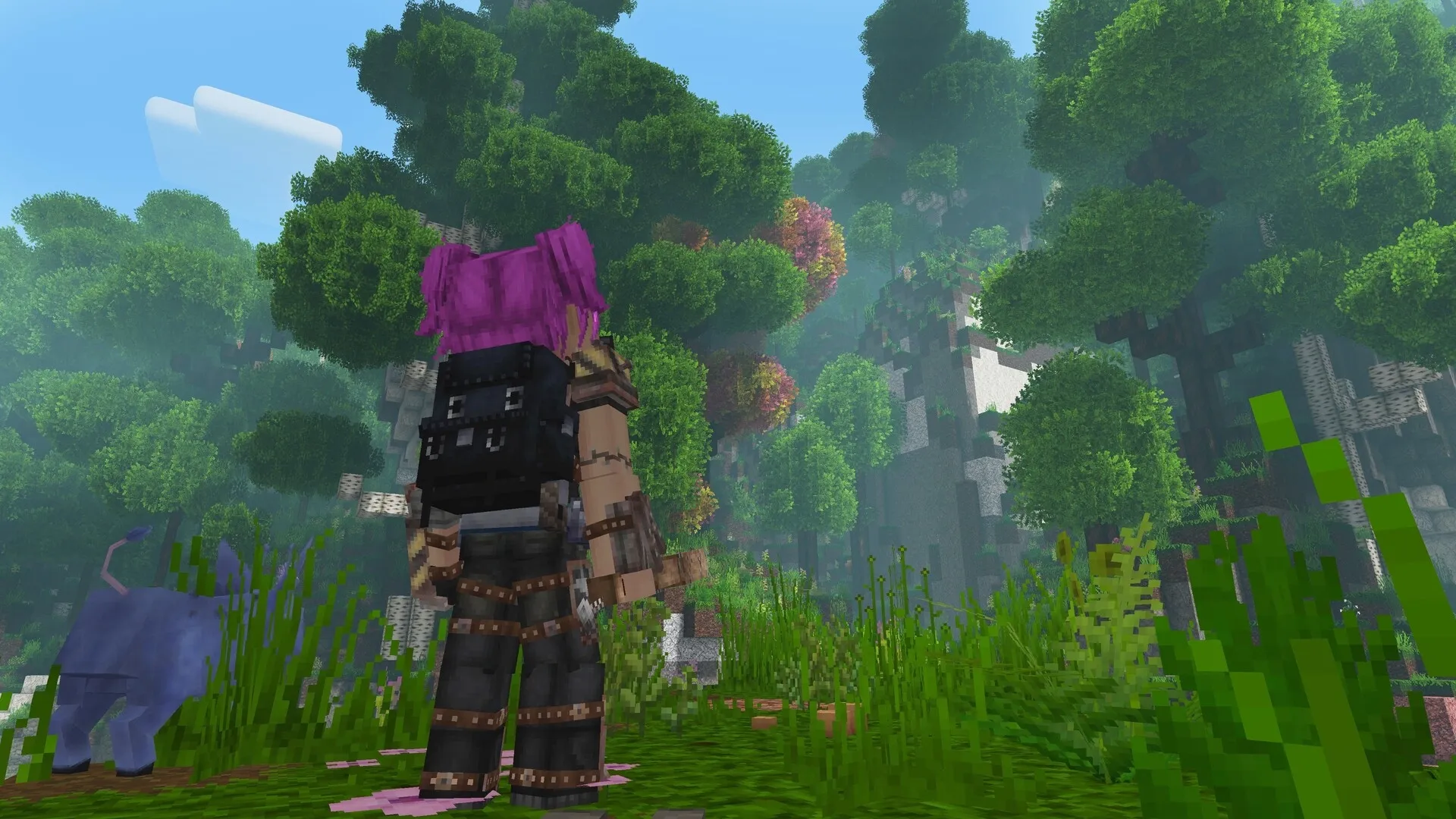 Tesera: Player with pink hair and backpack explores lush, voxel forest with a small alien creature nearby