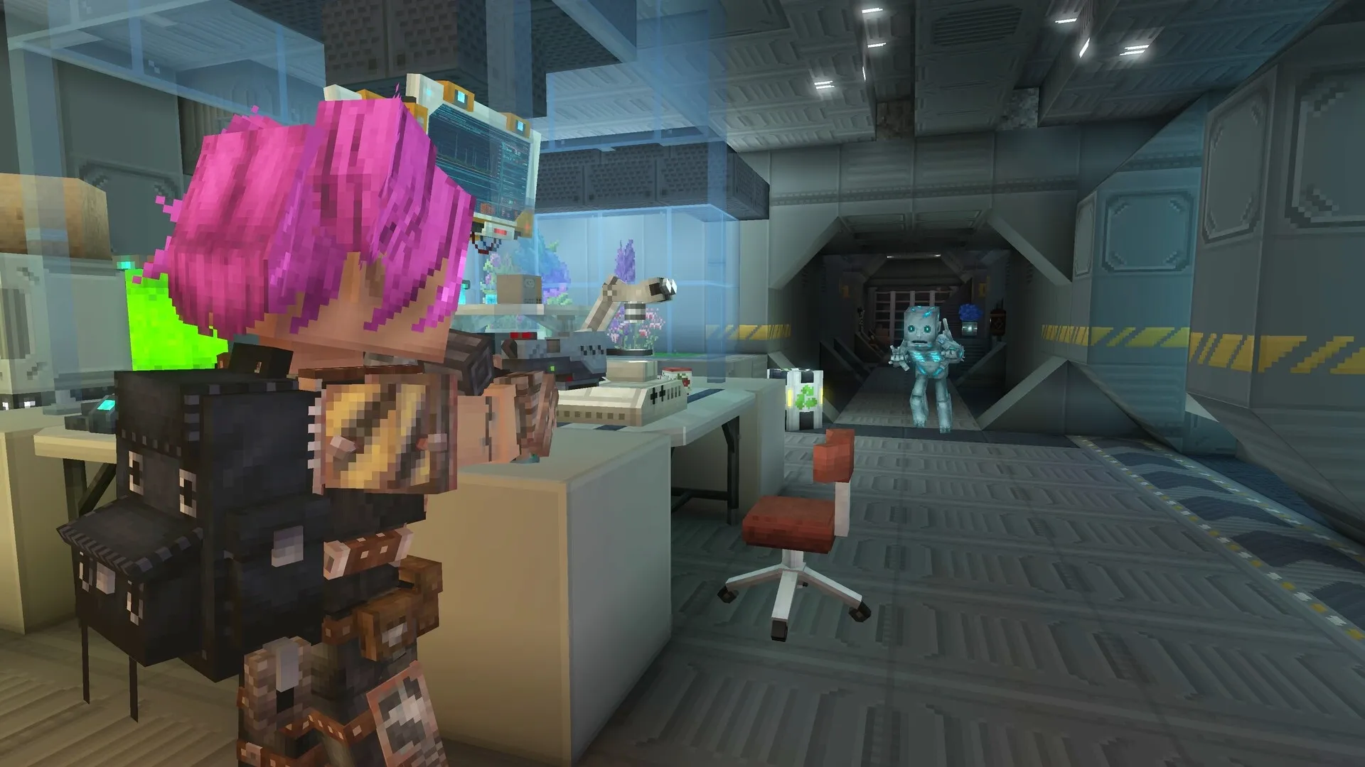 Tesera: Player with pink hair aiming weapon at approaching robot in futuristic laboratory corridor