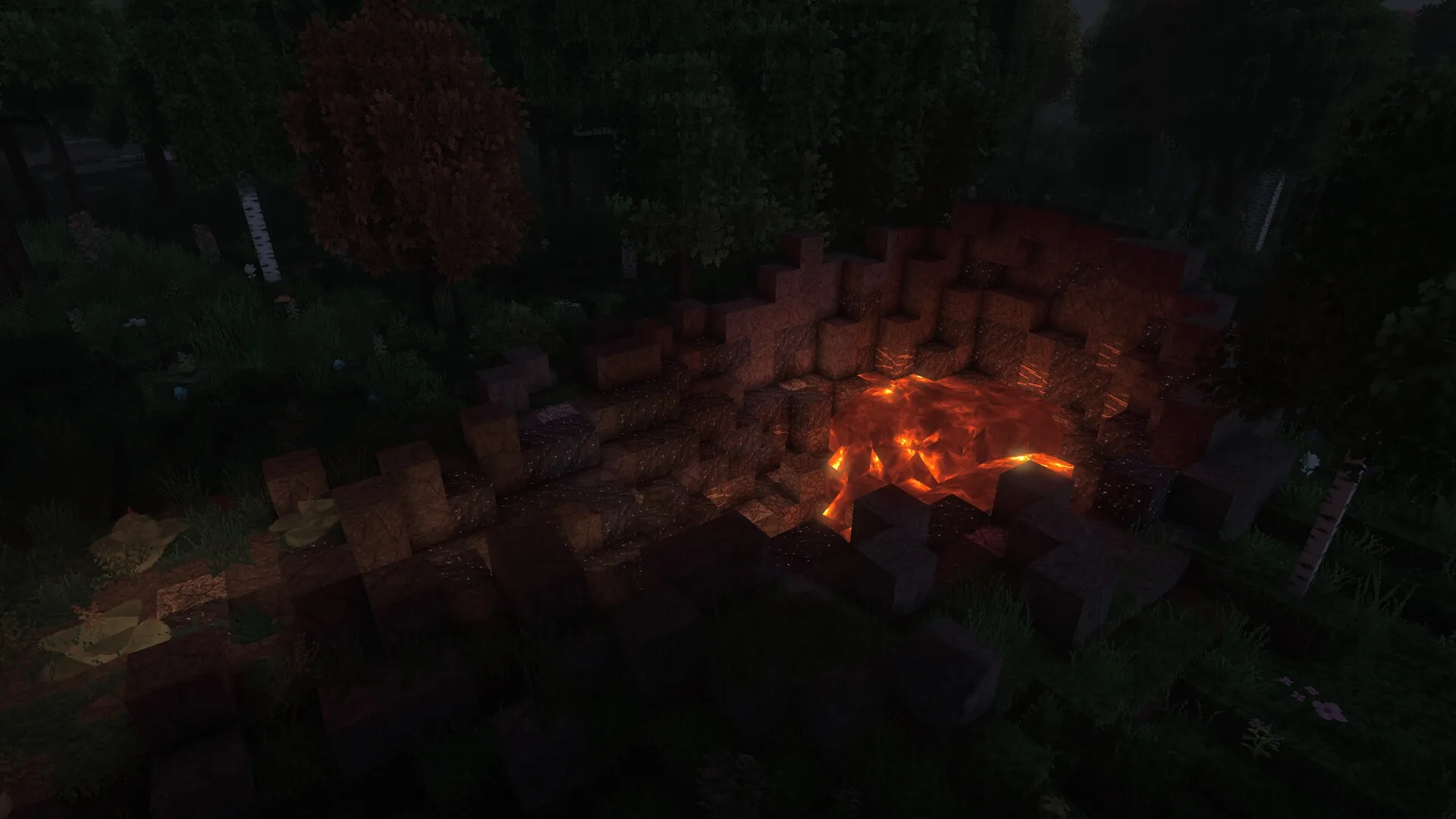 Tesera: Glowing lava pit in dense forest environment, surrounded by voxel trees and vegetation