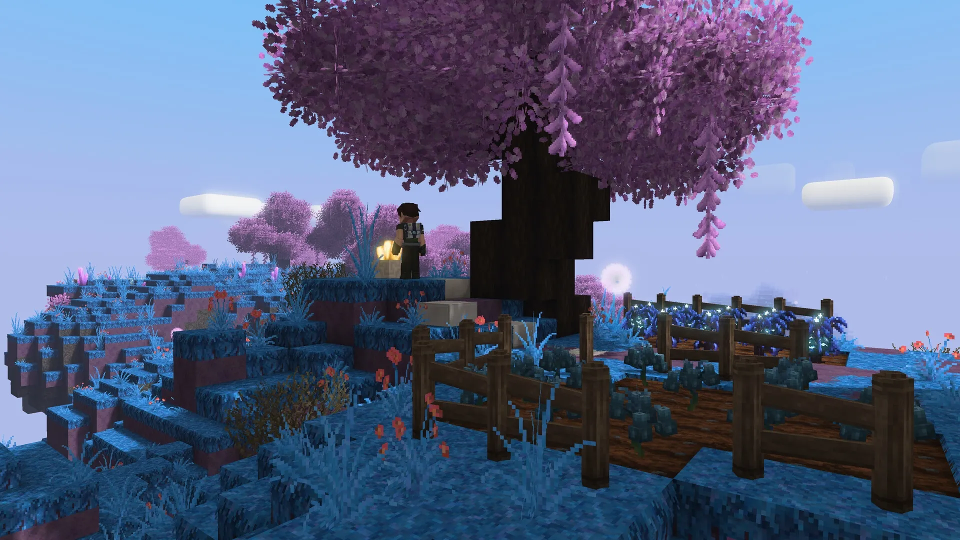 Tesera: Character explores under a glowing pink tree in a vibrant, alien landscape with voxel terrain