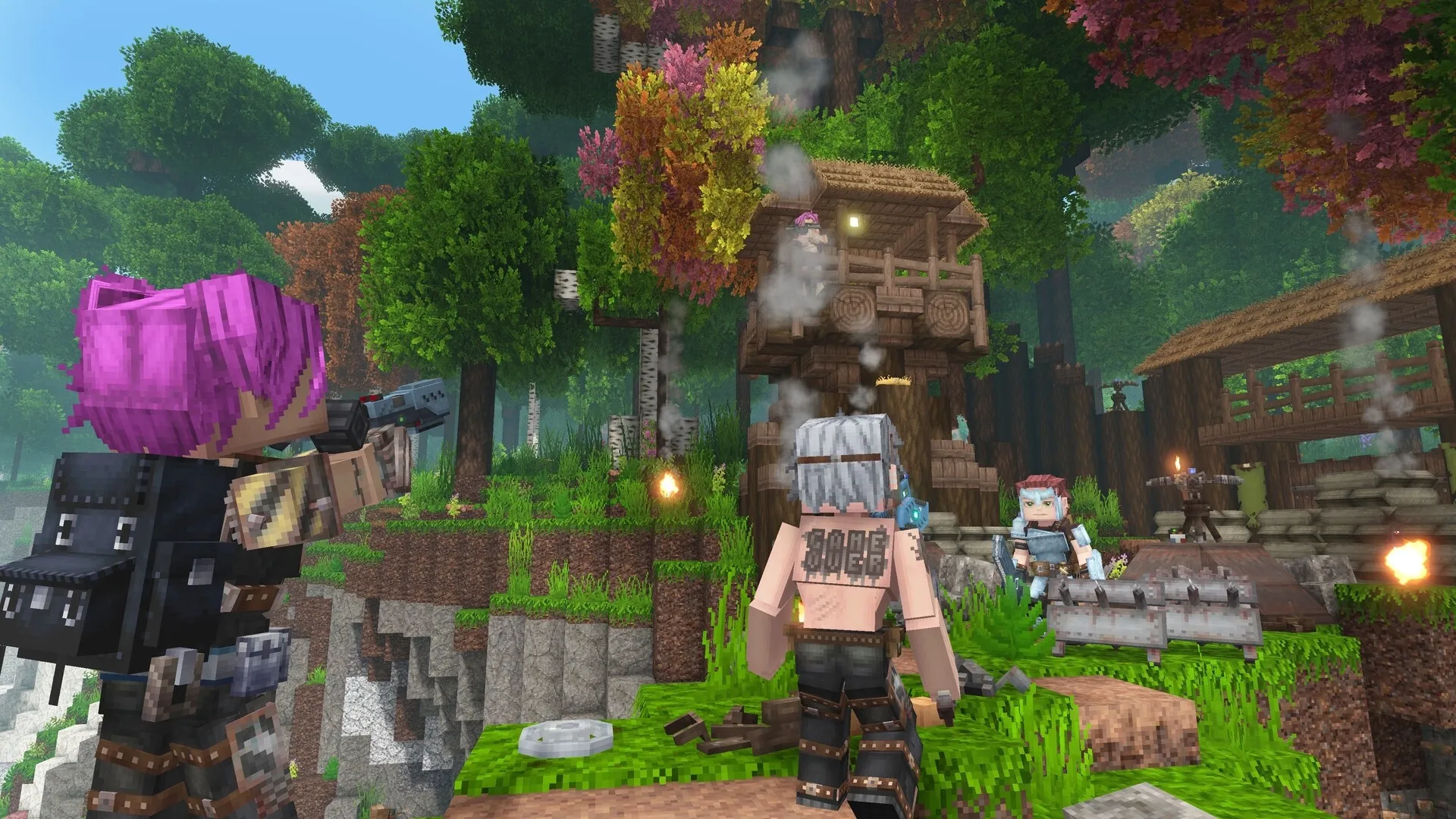 Tesera: Characters exploring lush forest area with treehouse and campfire in voxel-style alien world