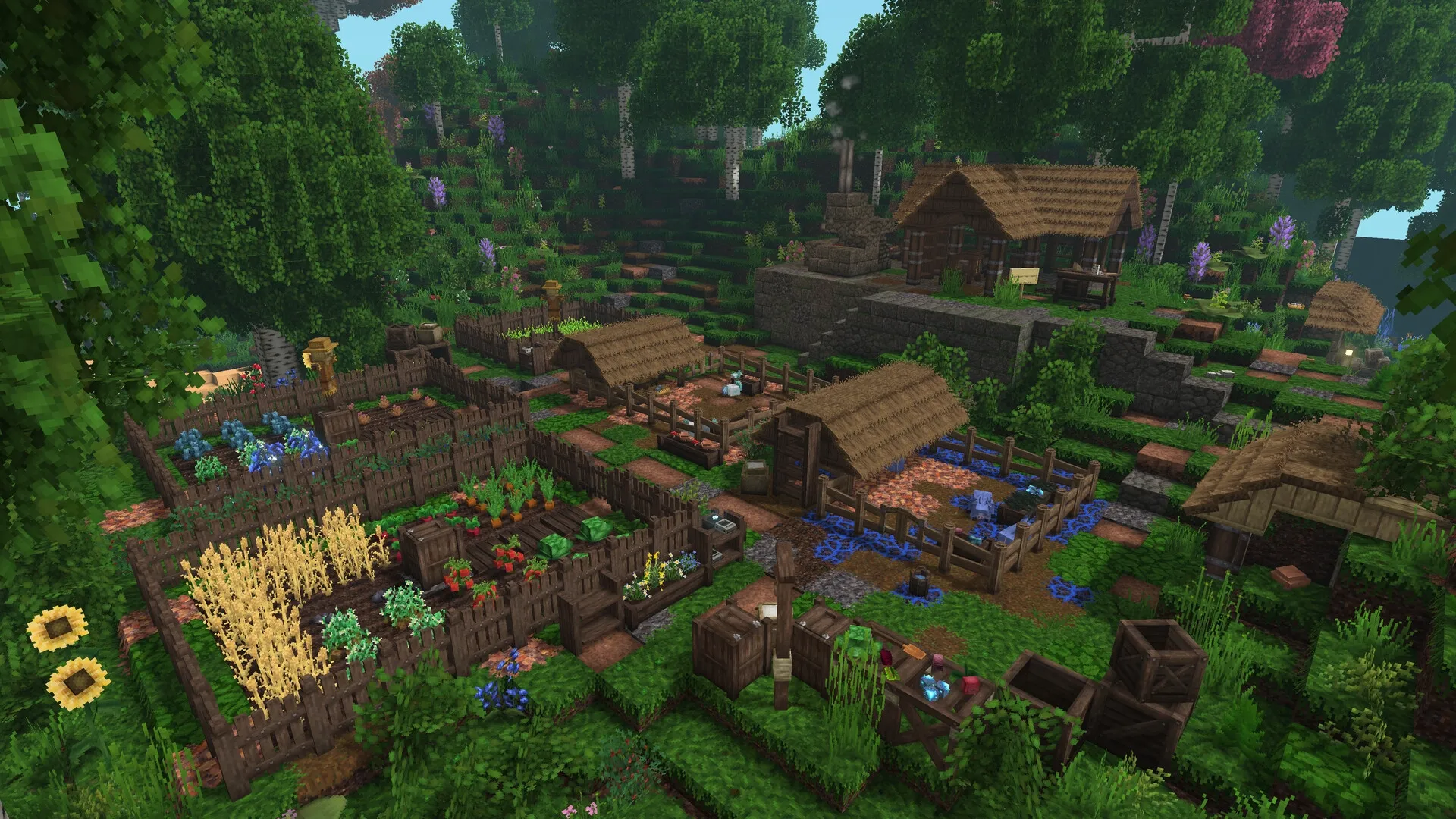 Tesera: Village settlement with gardens, wooden huts, and lush greenery in an alien voxel landscape