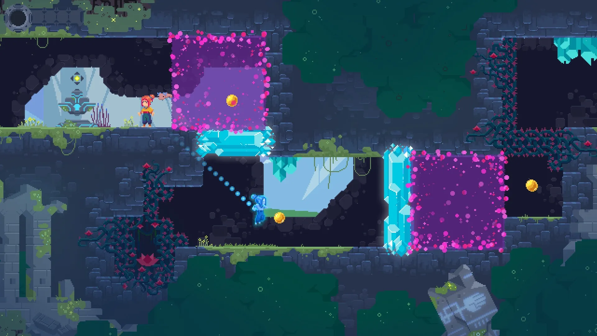 TetherGeist: Astral projection puzzle platforming in cave with glowing crystals and floating orbs