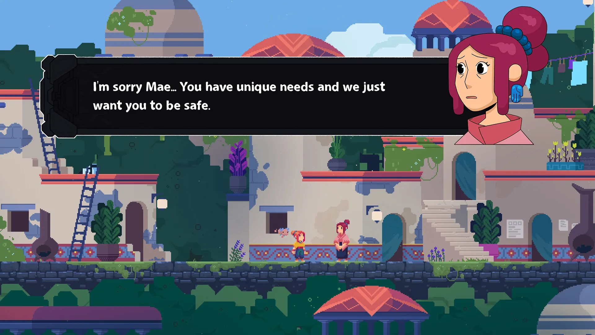 TetherGeist: Dialogue with Mae in vibrant village setting, highlighting character interaction and emotion.