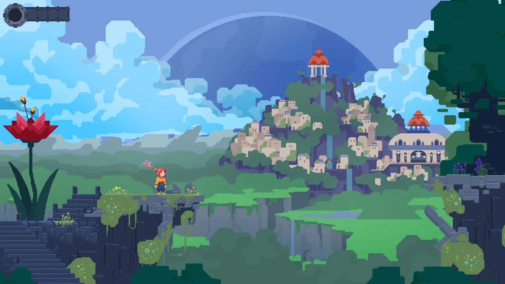 TetherGeist: Character stands on cliff edge near giant flower, overlooking distant mystical village.