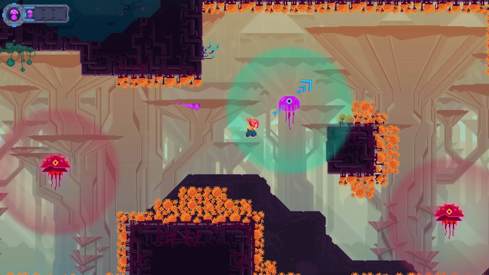 TetherGeist: Character jumping towards floating purple jellyfish in mystical forest platform environment