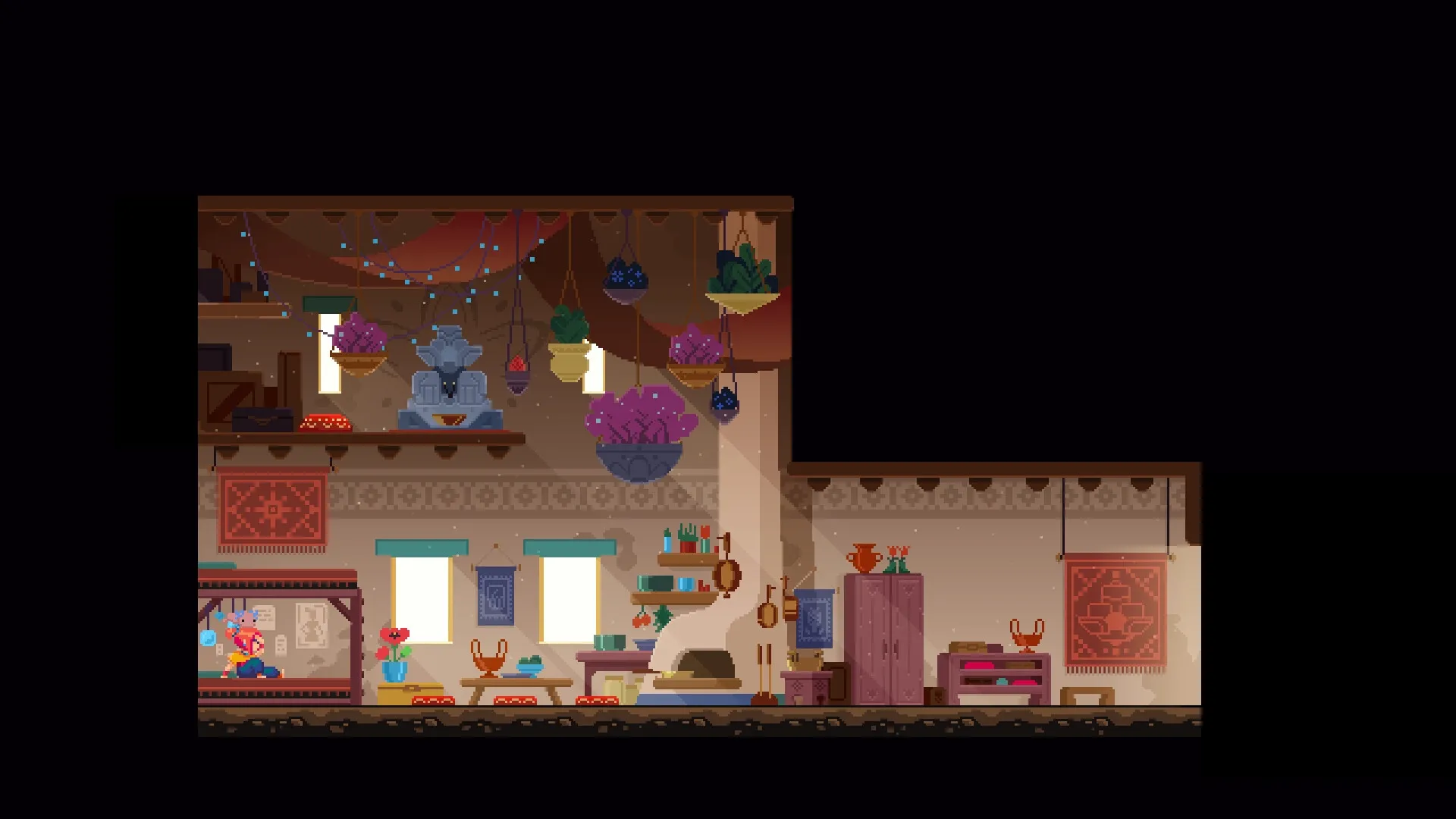 TetherGeist: Cozy interior with hanging plants, colorful decorations, and character resting on a bed