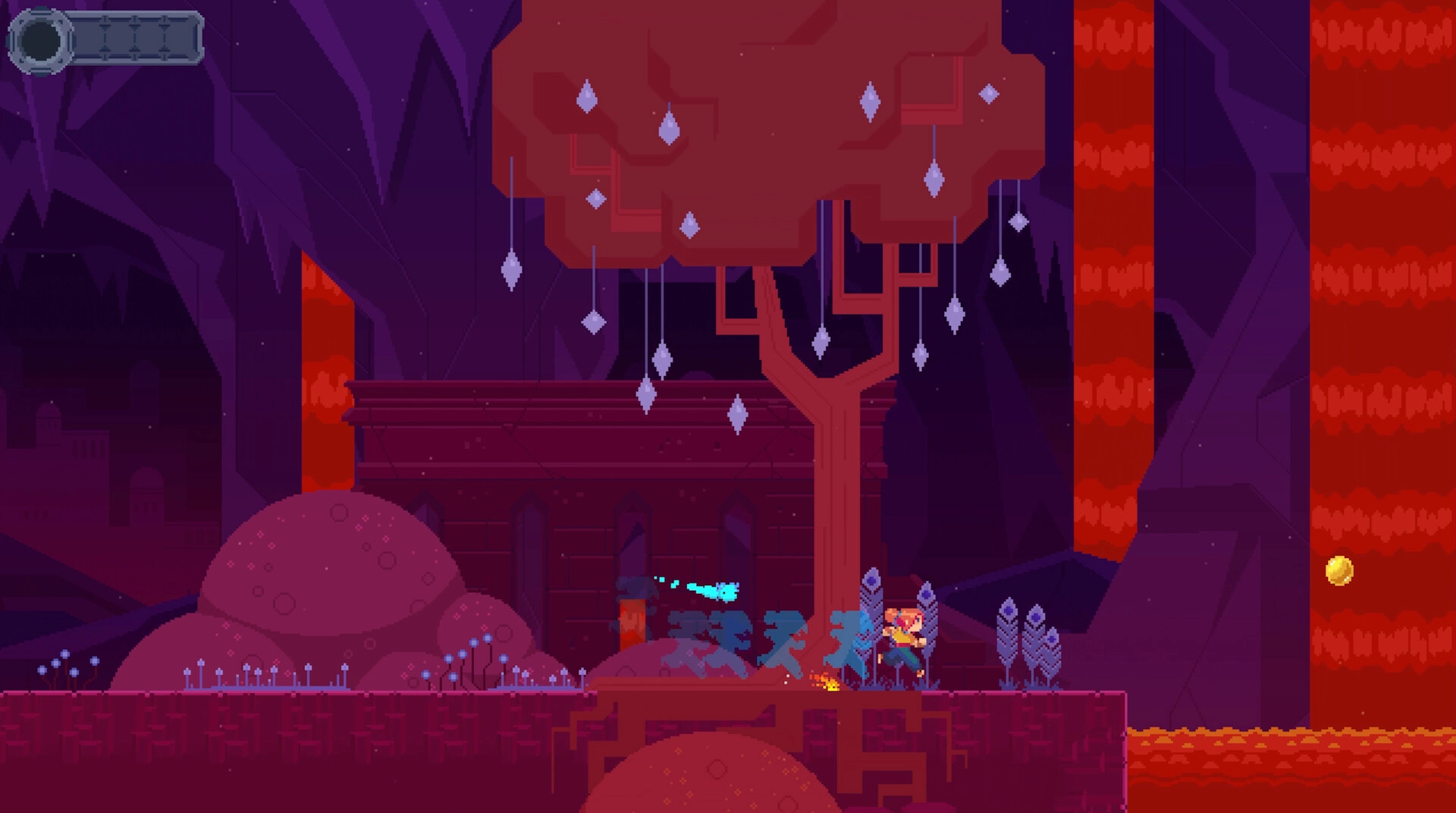 TetherGeist: Character running past mystical tree in vibrant cavern with glowing crystals and lava falls