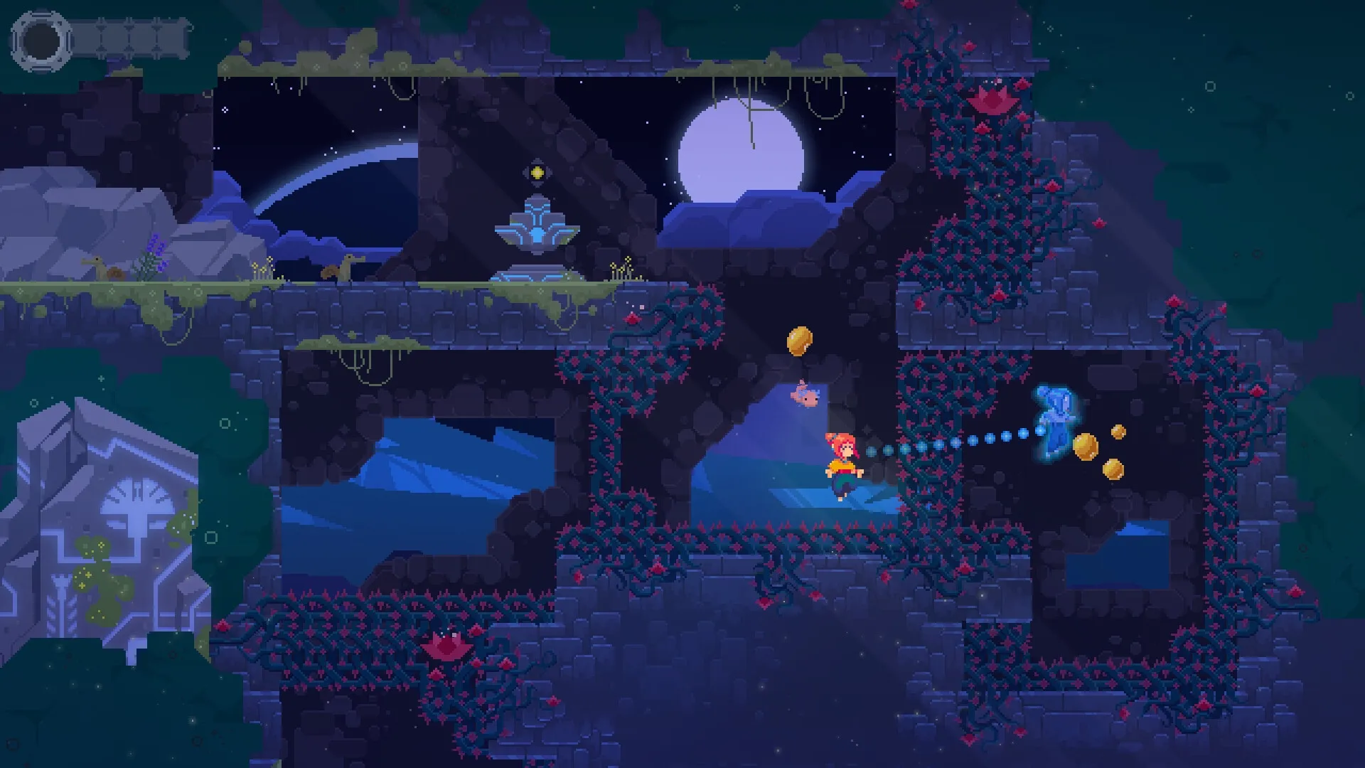 TetherGeist: Player character uses astral projection to navigate a cave with glowing coins and vine walls.
