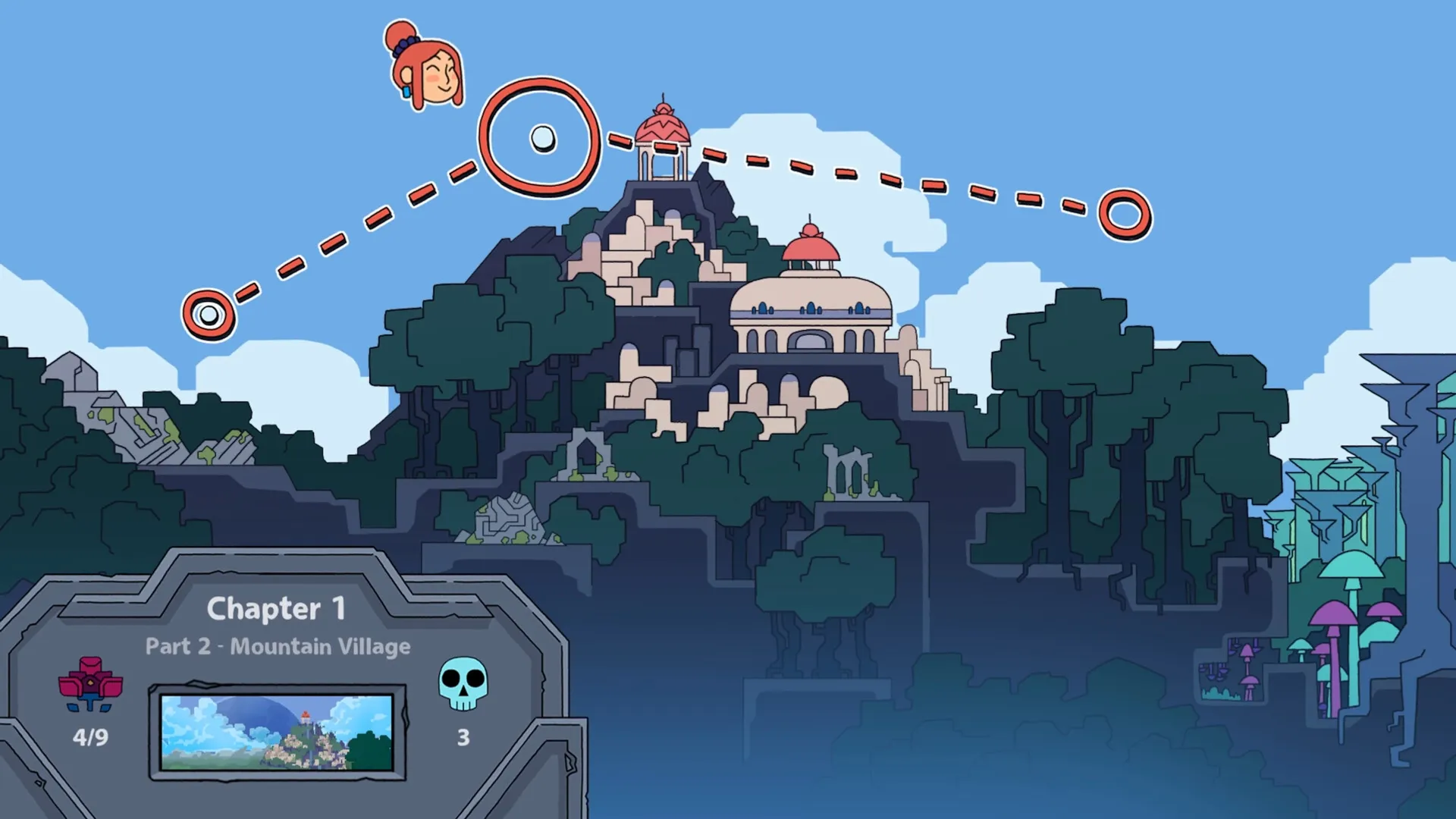 TetherGeist: Map screen with character icon and path to mountain village in Chapter 1, Part 2