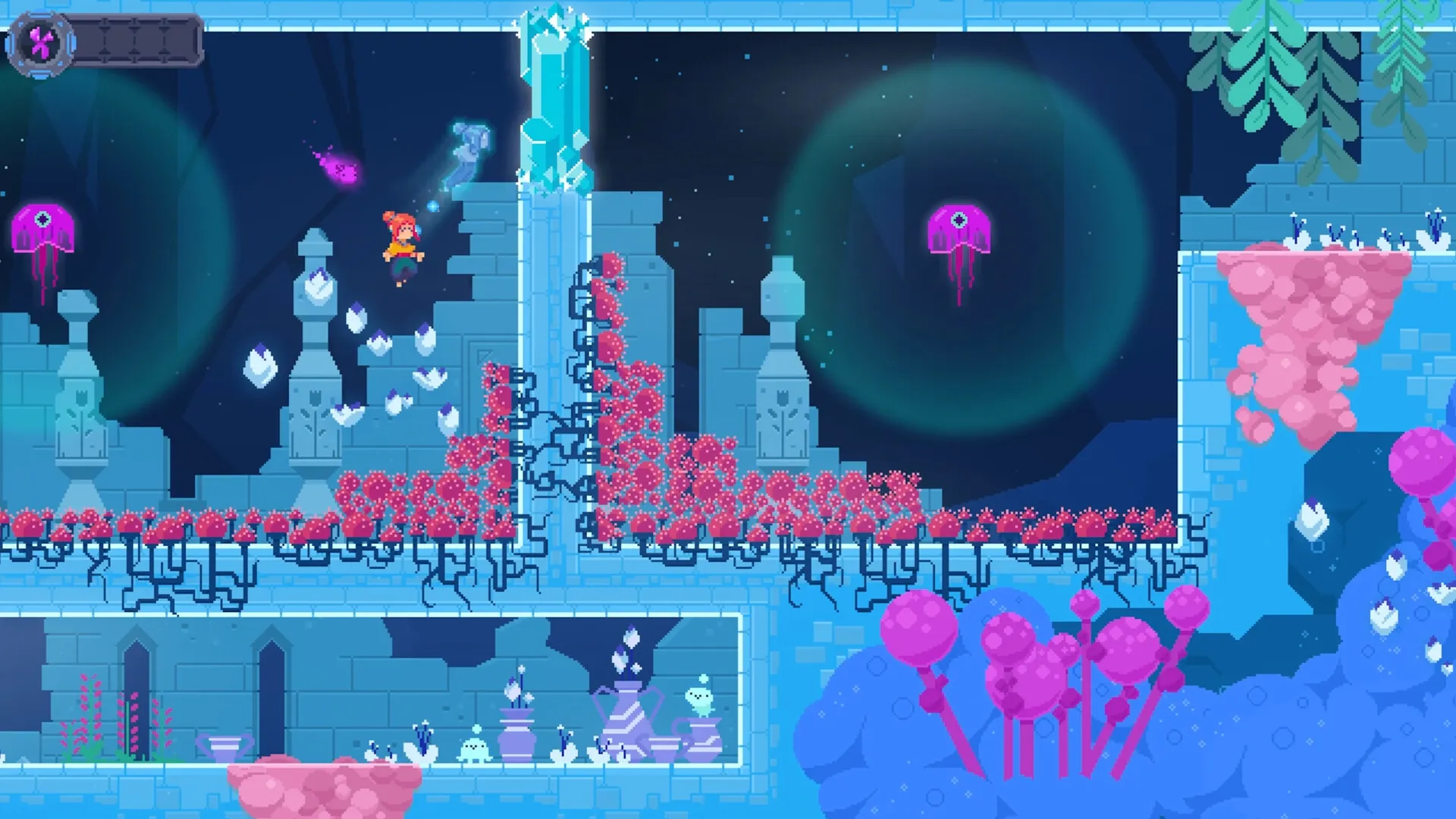 TetherGeist: Character jumps between platforms in colorful cave with glowing orbs and mystical plants