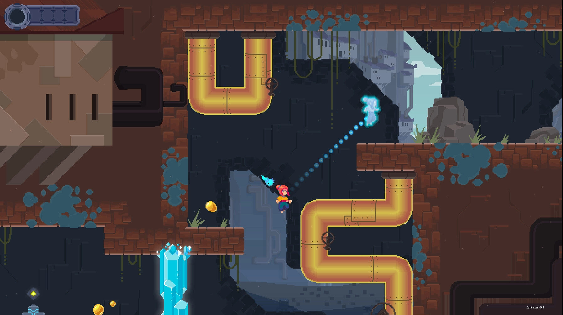 TetherGeist: Astral projection jump over golden pipes in underground cavern with blue spirit guide