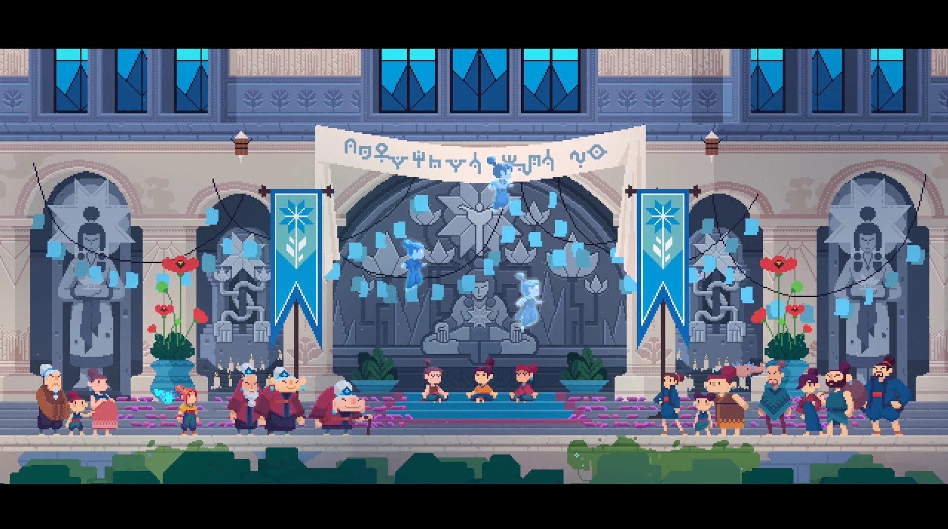 TetherGeist: Festival gathering outside temple with statues, banners, and spectral figures floating above