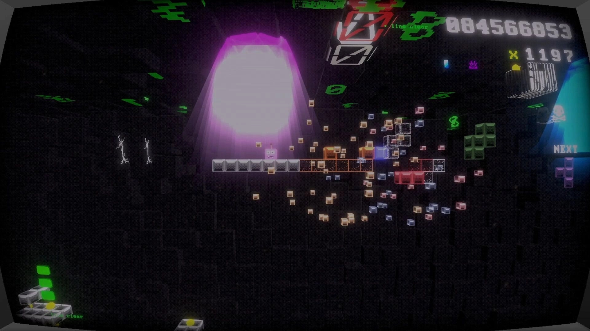 Tetro Runner: Sentient block navigates collapsing arcade cabinet with scattered blocks and glowing portal
