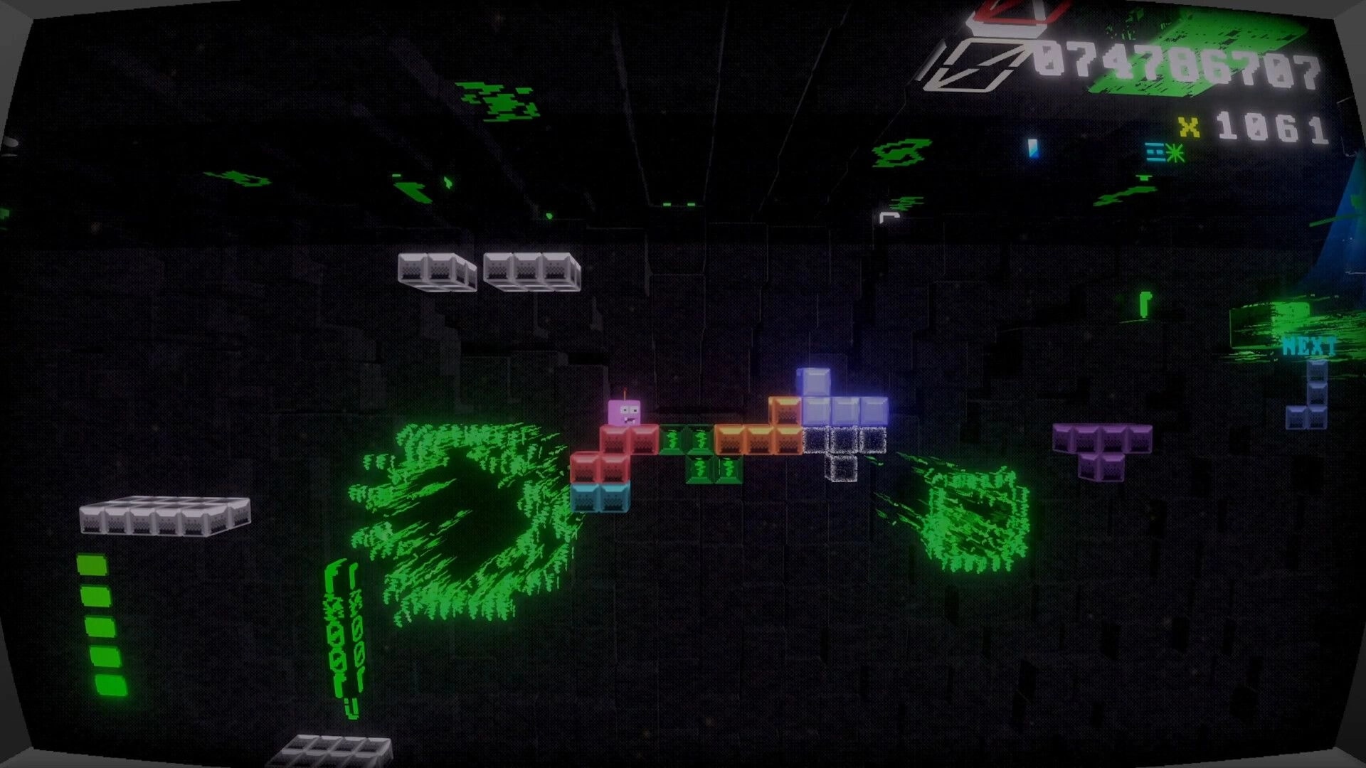 Tetro Runner: Sentient block navigates pixelated platform with glowing obstacles and score display