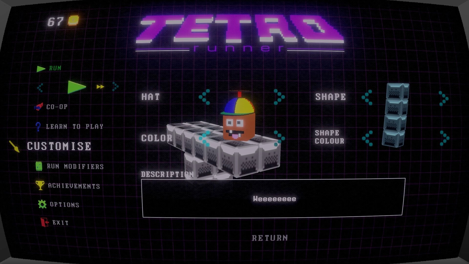 Tetro Runner: Customization menu with sentient block character and various options on a retro grid background