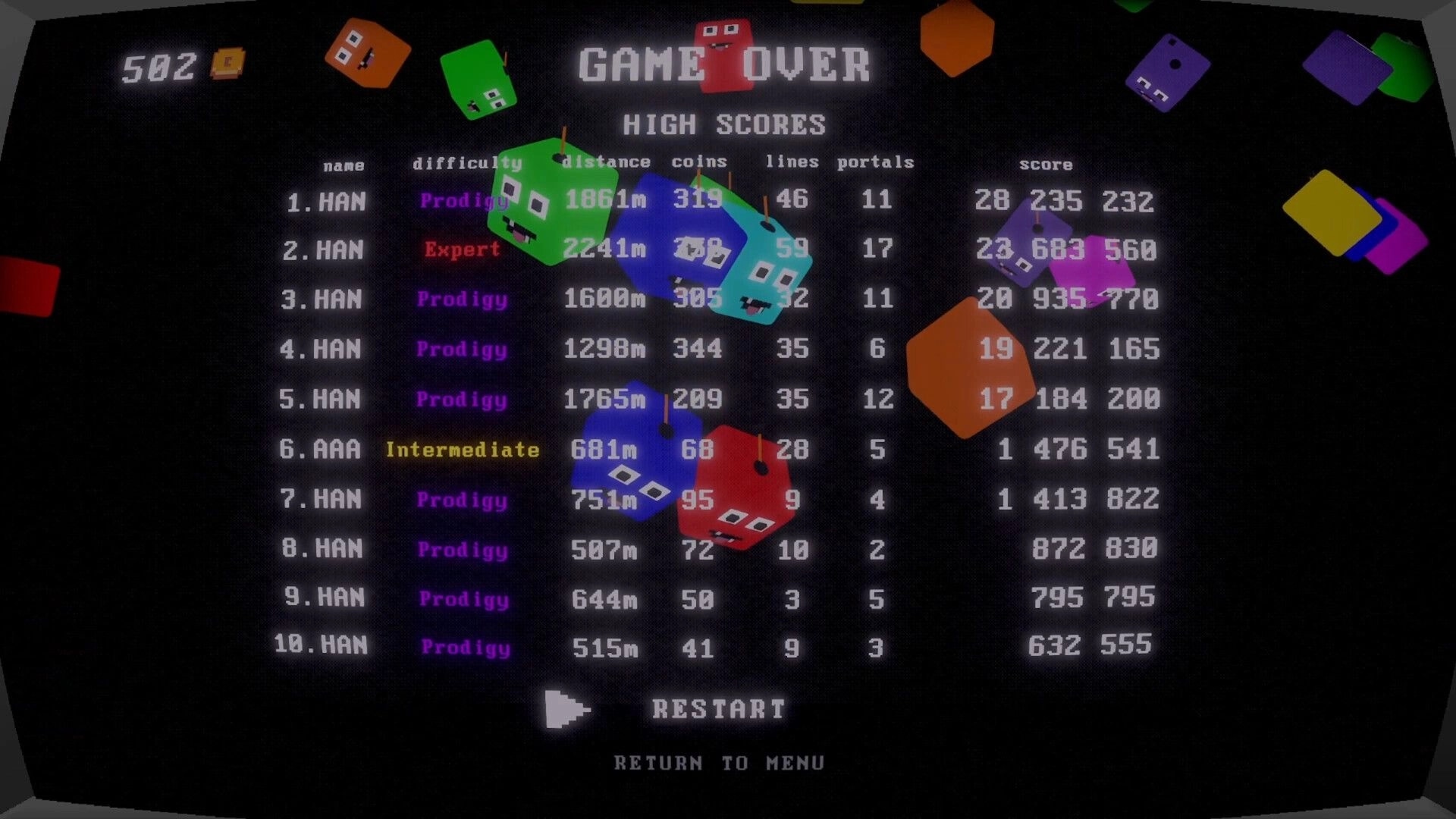 Tetro Runner: Game over screen with high scores and colorful blocks floating in a dark arcade cabinet.