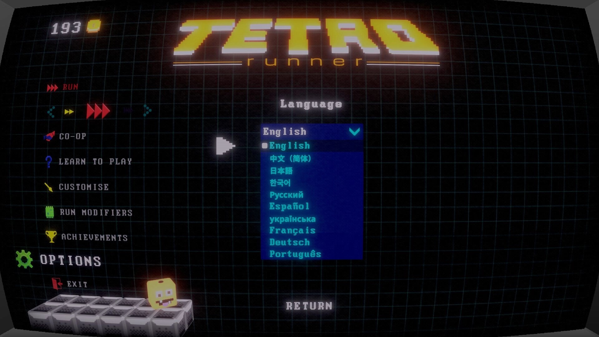 Tetro Runner: Language selection menu with options and a small block character on a grid background