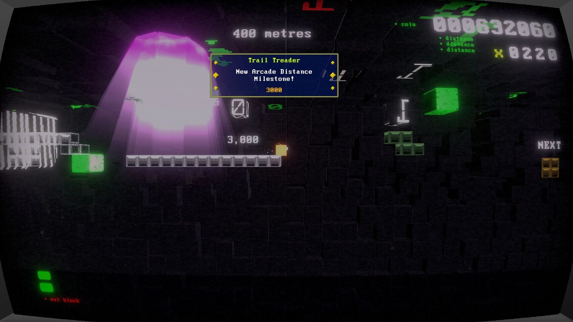 Tetro Runner: Sentient block navigating platforms with milestone achievement in arcade cabinet environment