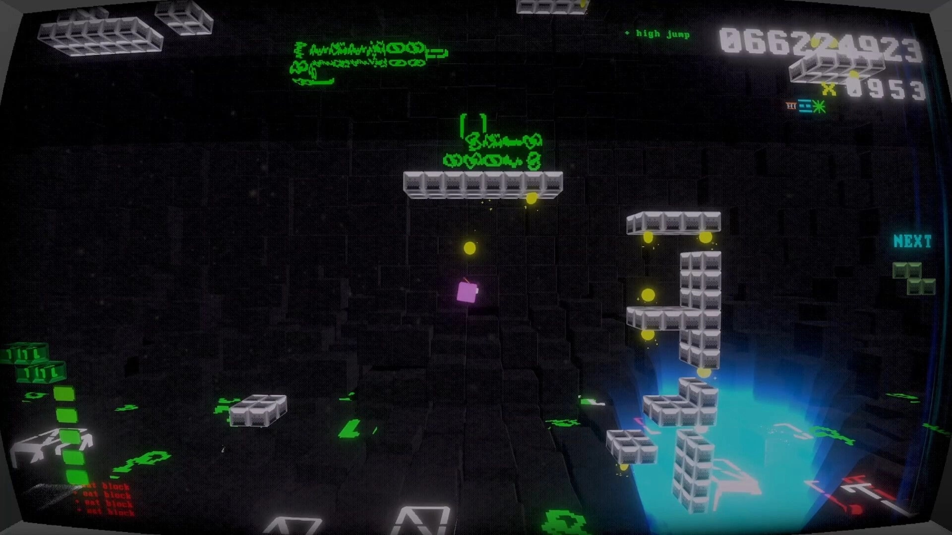 Tetro Runner: Sentient block jumps between platforms in a pixelated arcade cabinet environment
