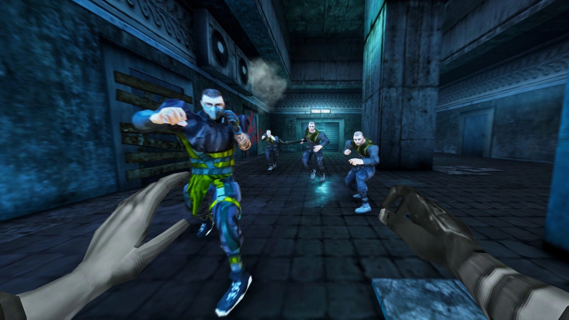 TEXNOPLAZM: First-person combat with masked enemies in a dimly lit, industrial corridor setting.