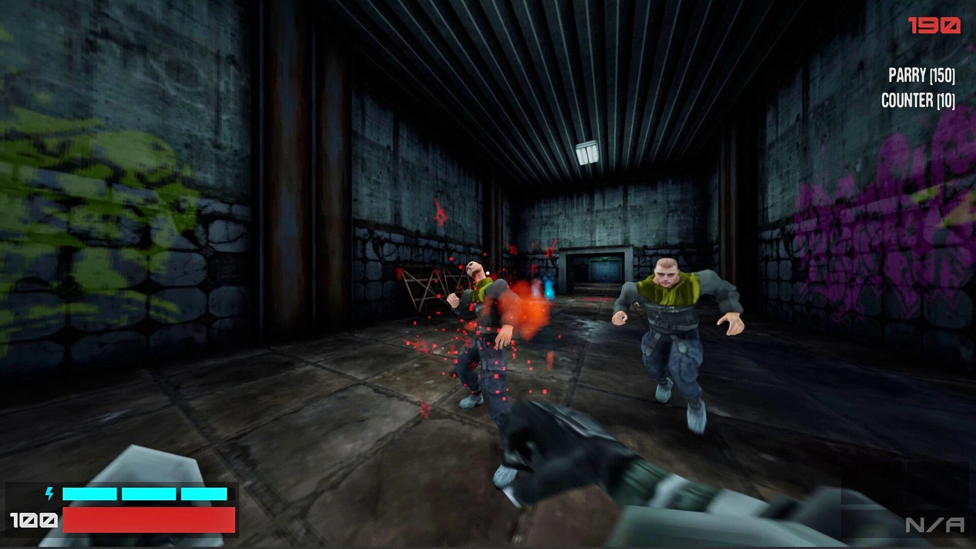 TEXNOPLAZM: First-person combat with two enemies in a dark, graffiti-covered industrial corridor.