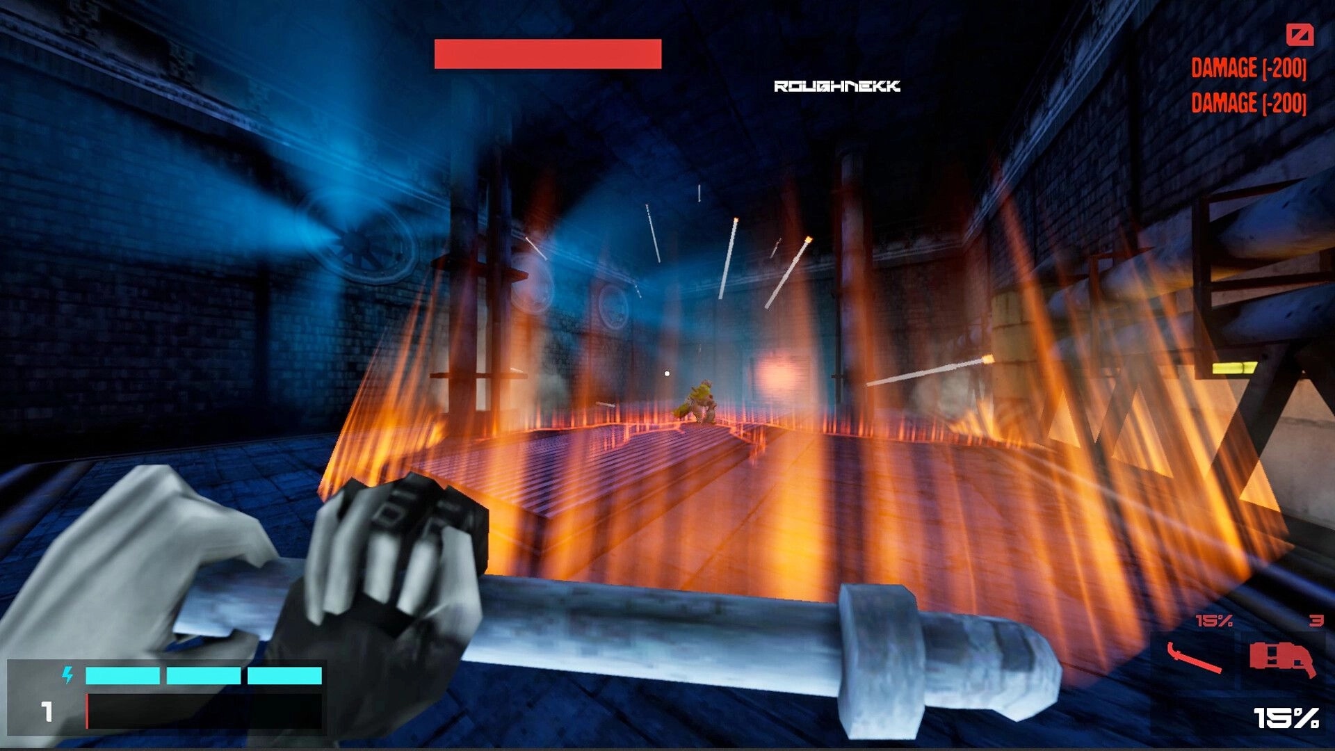 TEXNOPLAZM: Player wields a pipe facing an enemy in a fiery, industrial hall with damage indicators.