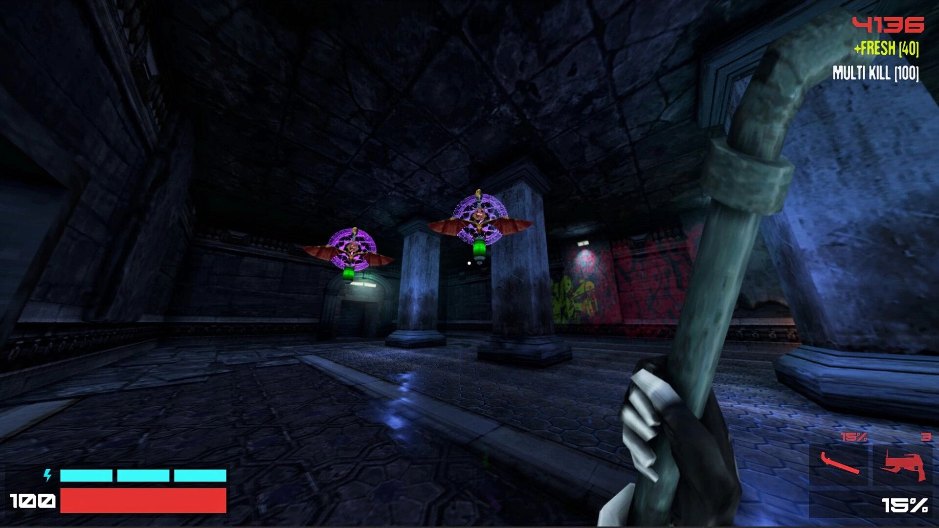 TEXNOPLAZM: First-person view holding a pipe in a dimly lit underground passage with neon-lit enemies.