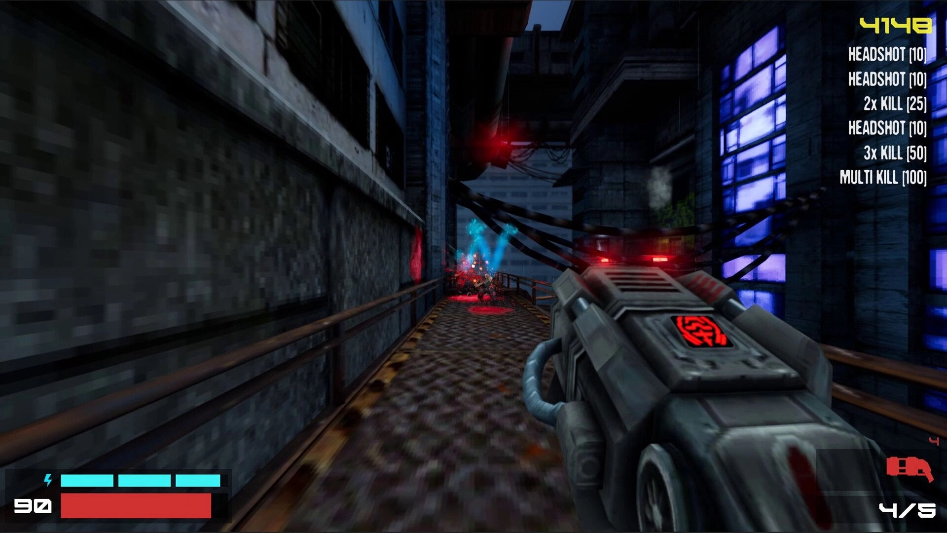 TEXNOPLAZM: First-person gunfight in a dim alley with score details and health bars visible on screen.