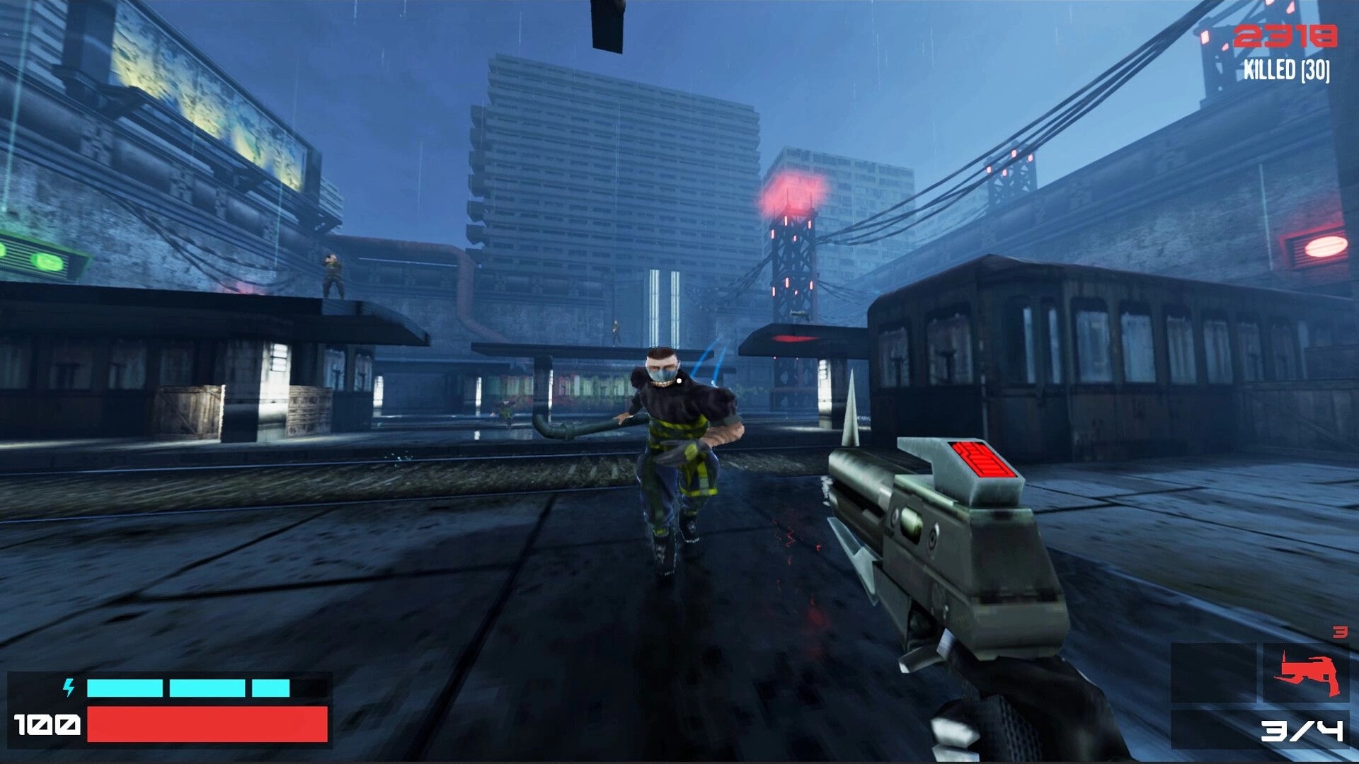 TEXNOPLAZM: First-person gunfight in rainy metropolis with health bar and enemy counter visible