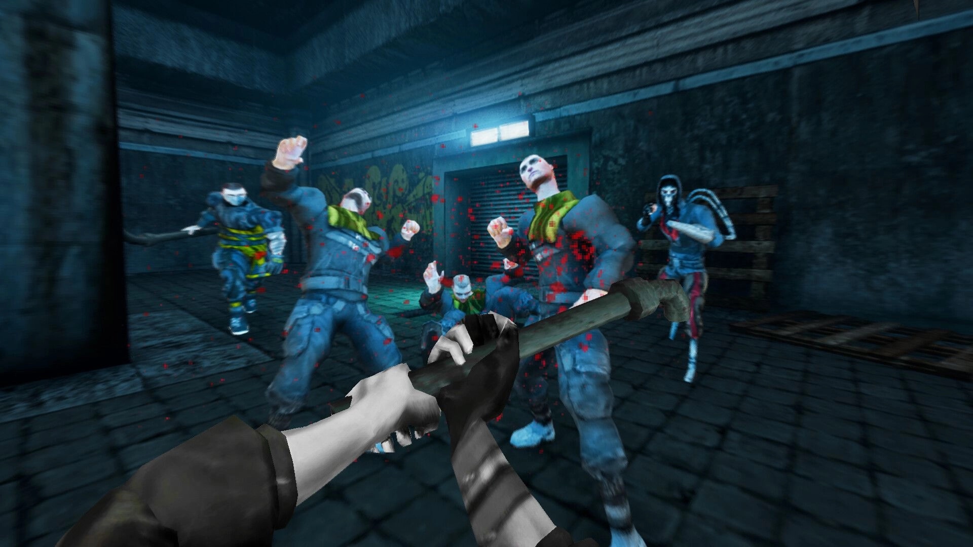 TEXNOPLAZM: First-person melee combat against multiple enemies in a dark, industrial corridor setting.