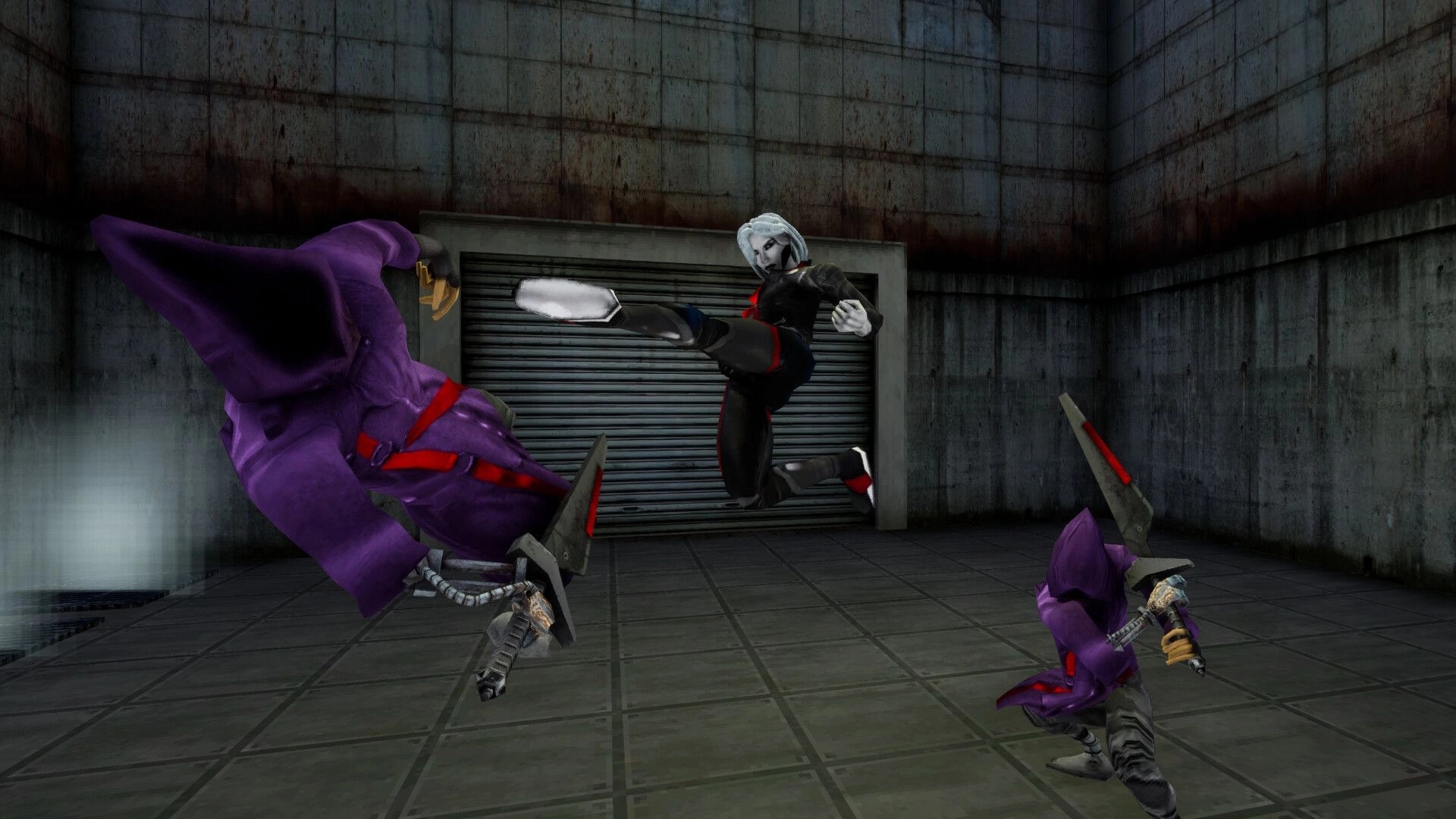 TEXNOPLAZM: Player character performs flying kick against enemies in industrial, metallic environment.
