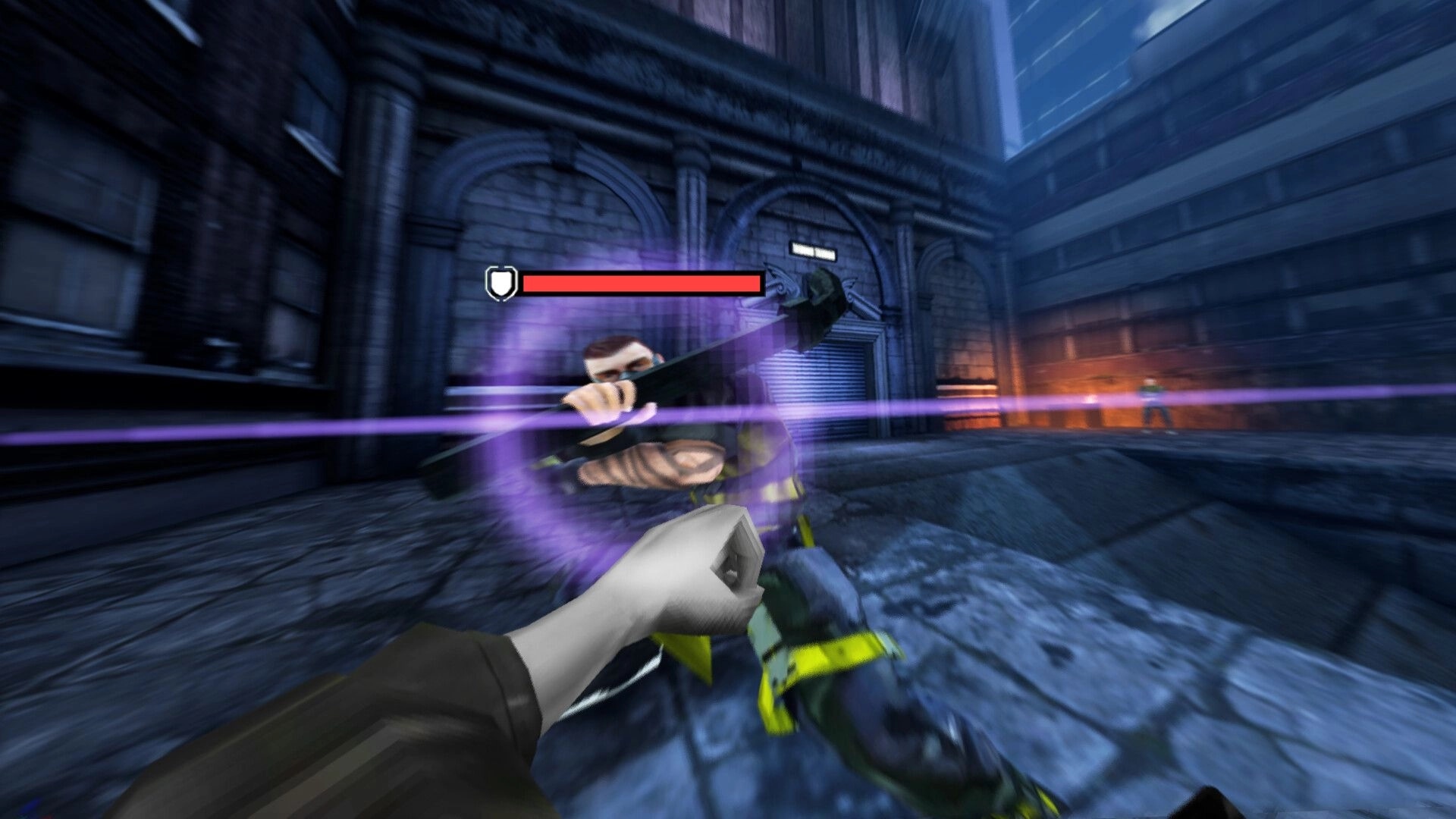 TEXNOPLAZM: First-person combat with melee attack against enemy in gothic city alleyway at night.