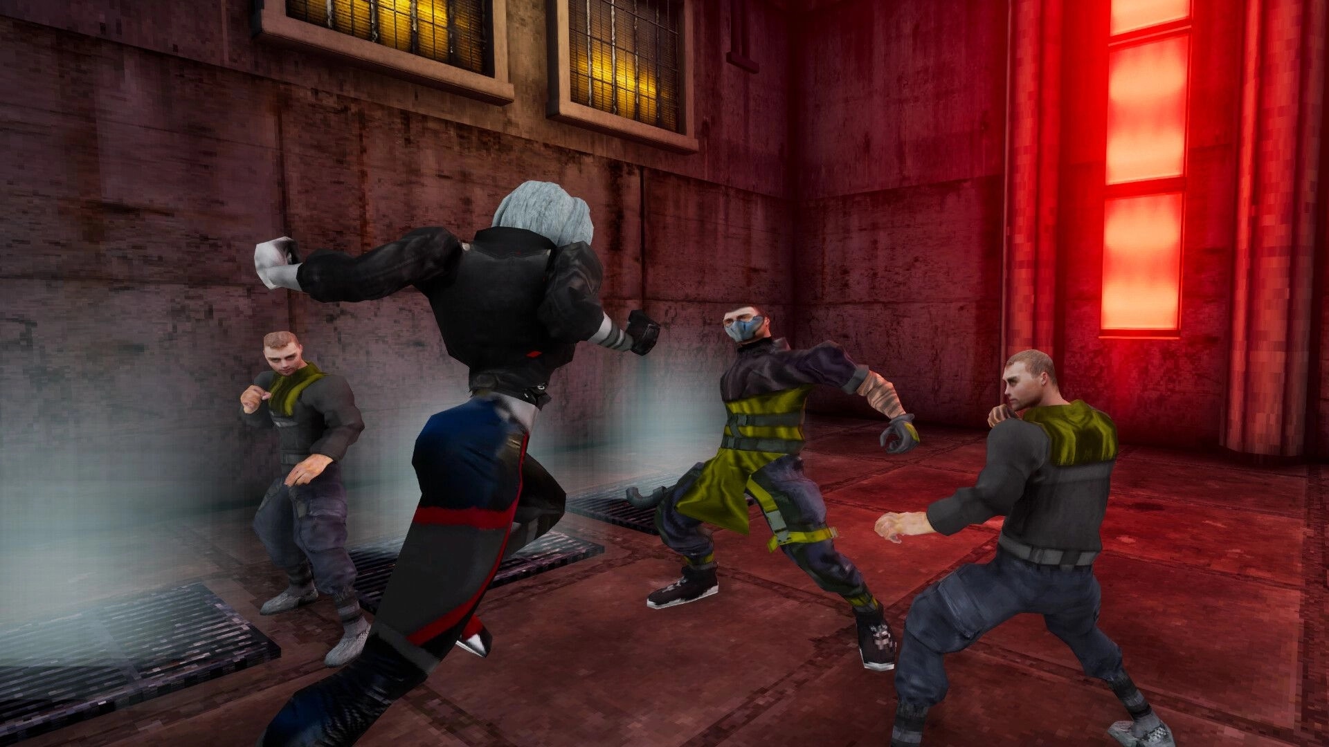 TEXNOPLAZM: Protagonist engages in melee combat with three enemies in a dimly lit industrial room.