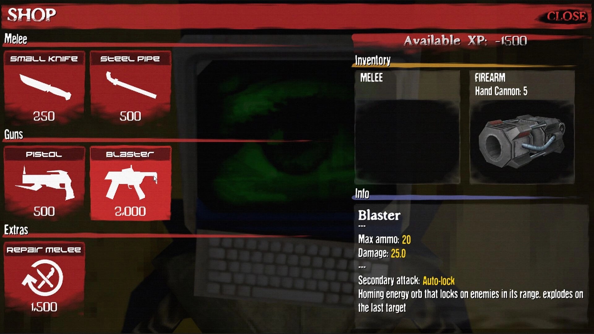 TEXNOPLAZM: Shop menu displaying melee weapons and guns, with blaster details and negative XP visible.