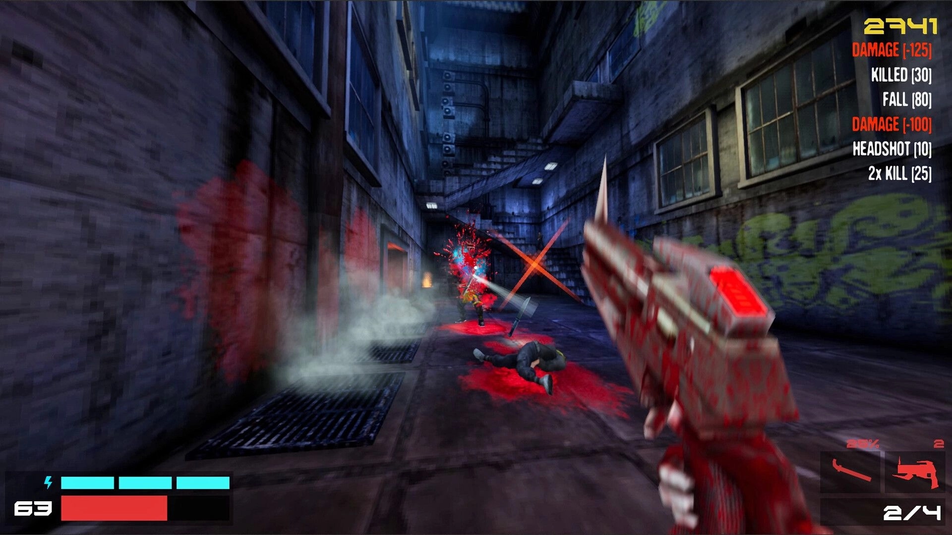 TEXNOPLAZM: First-person gunfight in a dark alley with damage stats and health bar on the screen.