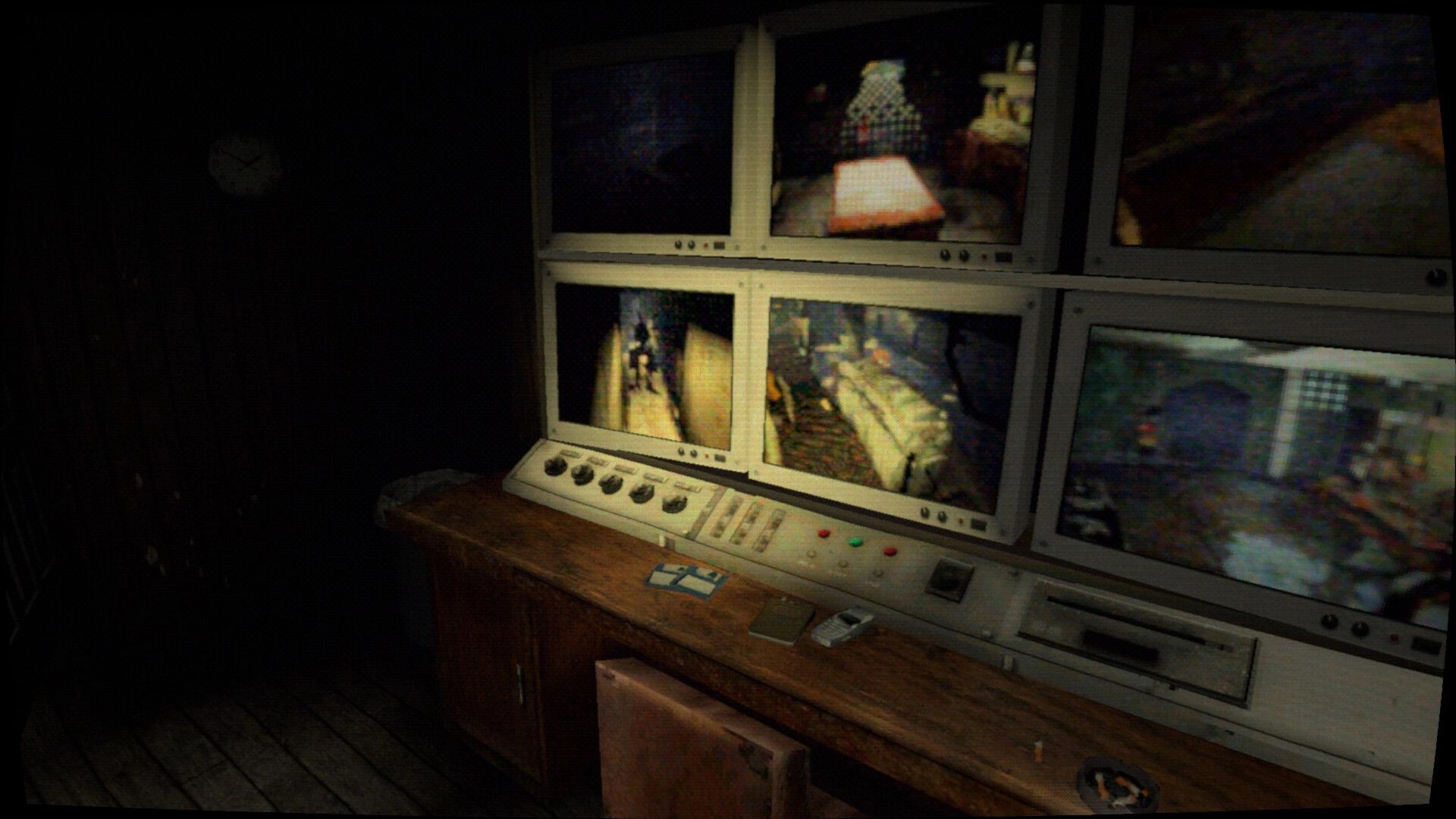 Thalassomania: Surveillance monitor wall with six CCTV feeds on a trawler’s dim security desk.