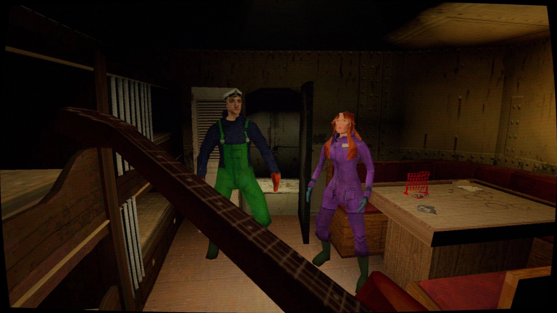 Thalassomania: Two crew members stand in a dim ship cabin beside a messy table and lockers.