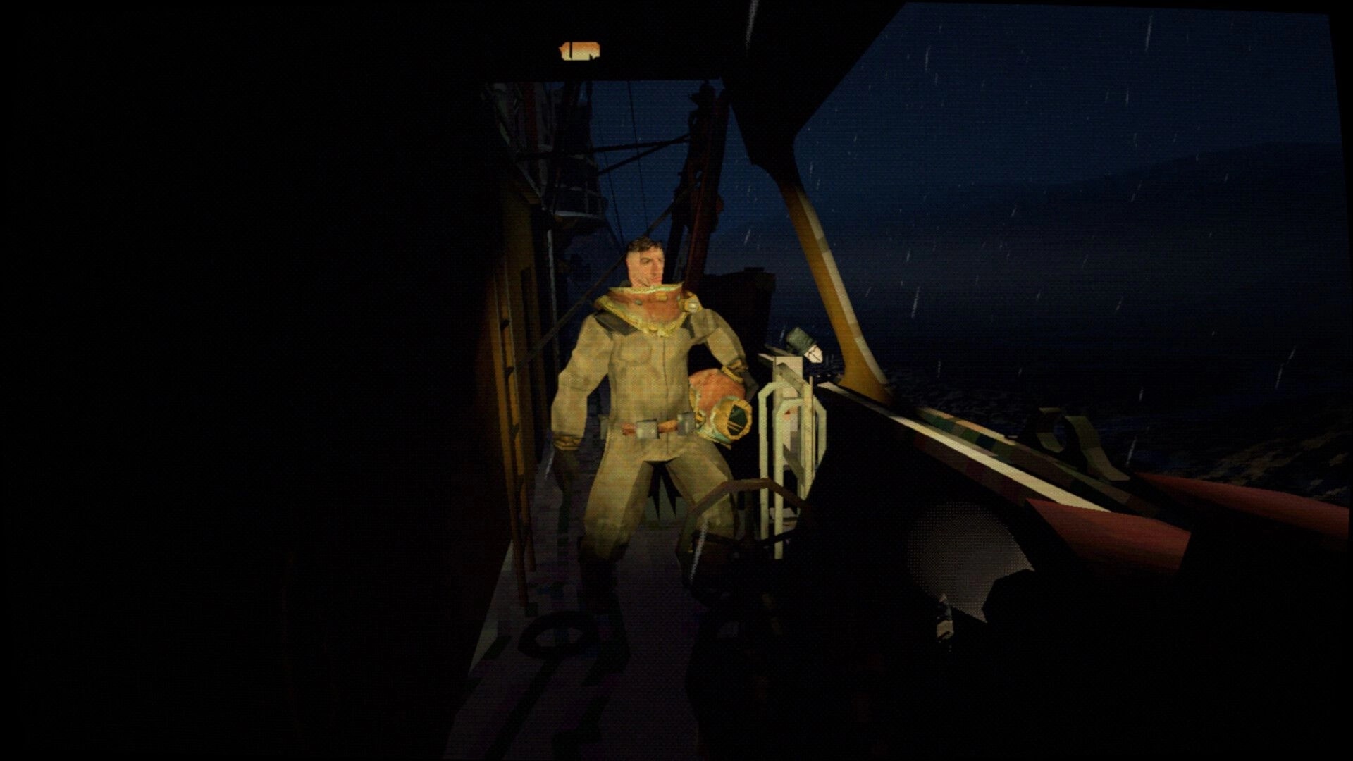 Thalassomania: Crewman in raincoat by deck machinery at night on a trawler, ocean in rain.