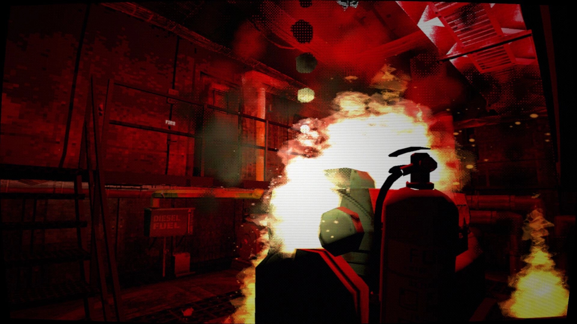 Thalassomania: Crew member faces a roaring engine room fire beside diesel fuel crates and pipes.