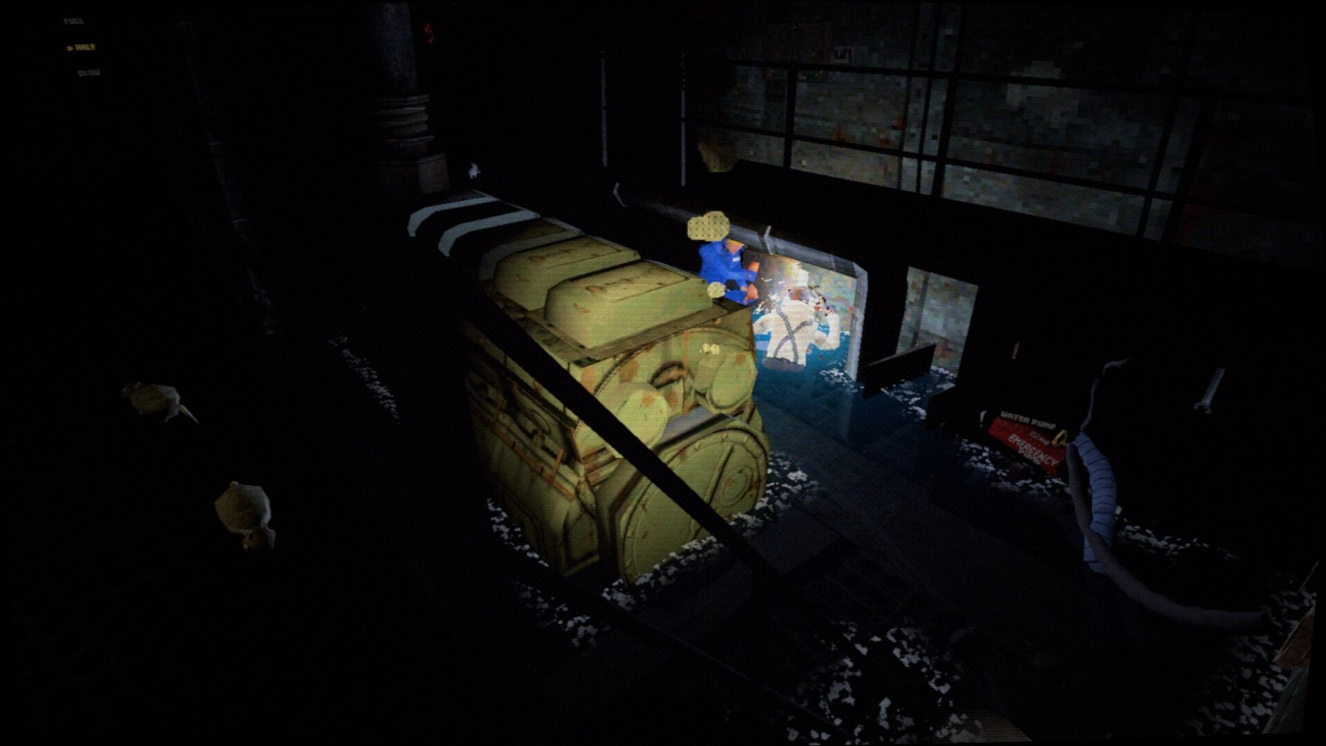 Thalassomania: Player in blue fixes a sparking console beside machinery in a dark ship room.